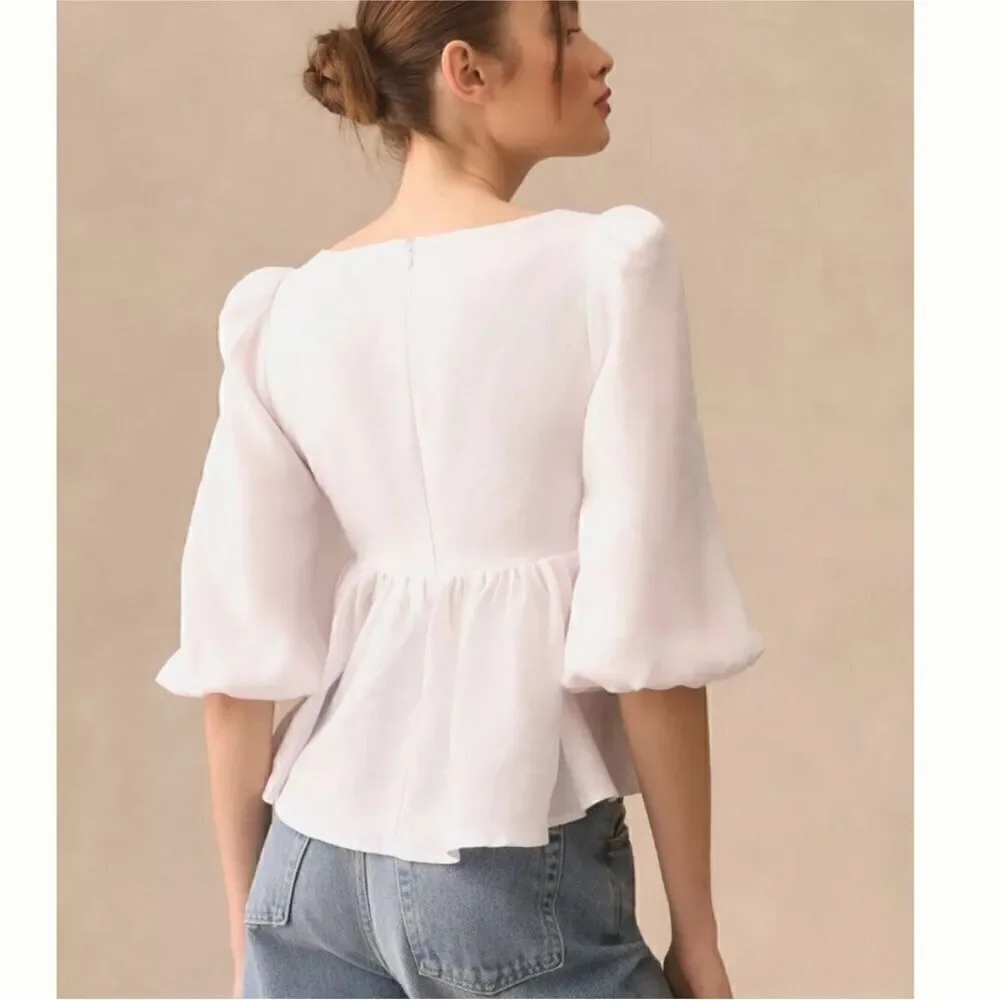 NWT Reformation Abigail White 100% Linen Puff Sleeve Prairie Blouse